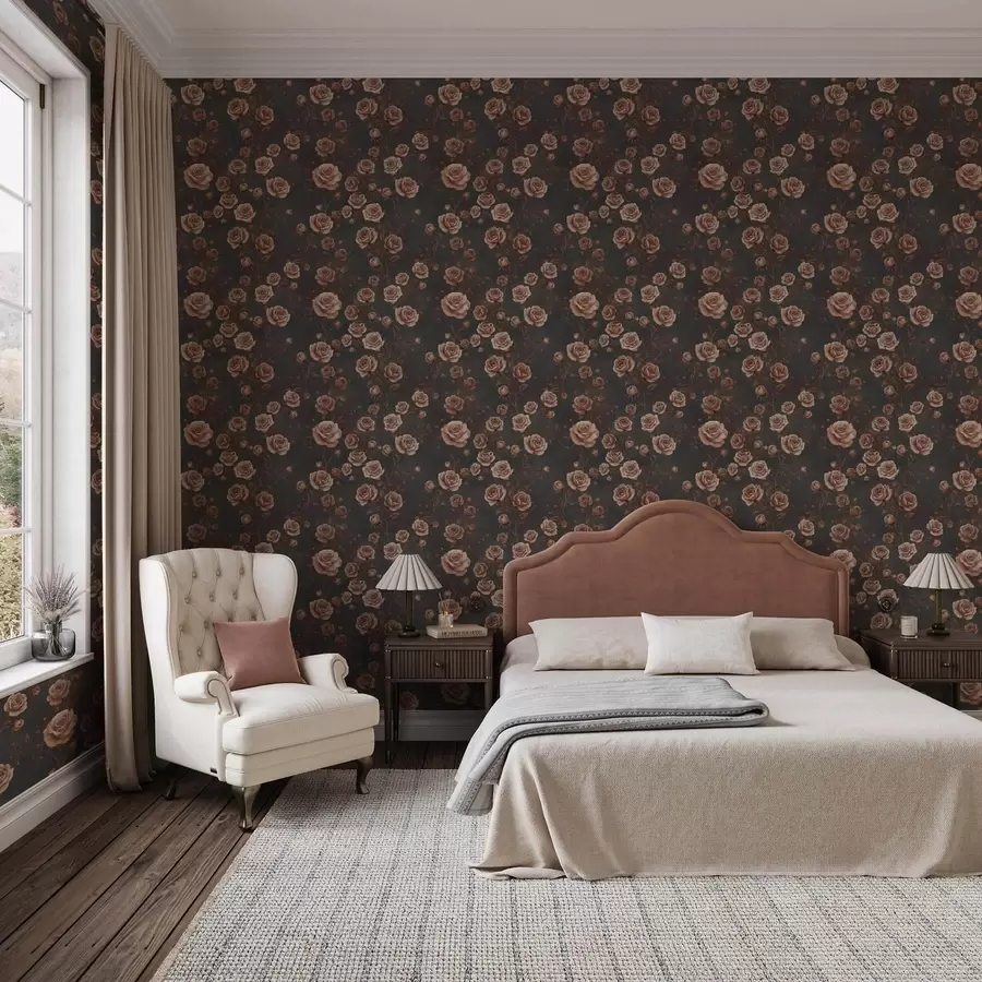 murais de parede Rosas vintage sobre fundo grafite, paleta terracota a00497v1