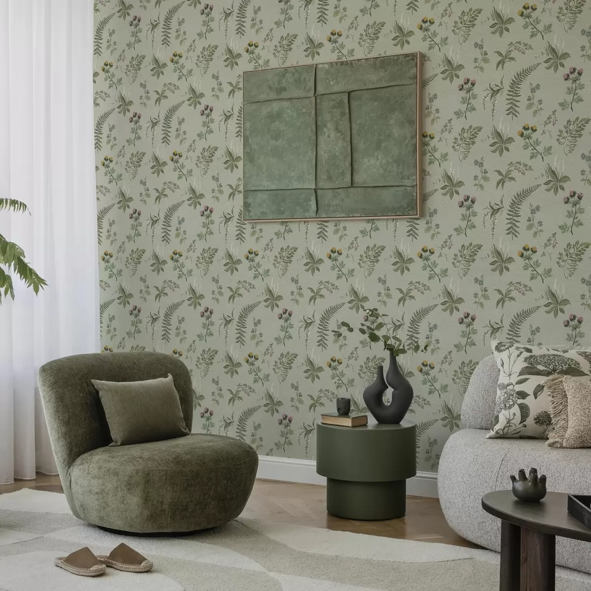 Papel de parede Ervas botânicas e samambaias em verde-acinzentado claro a00498