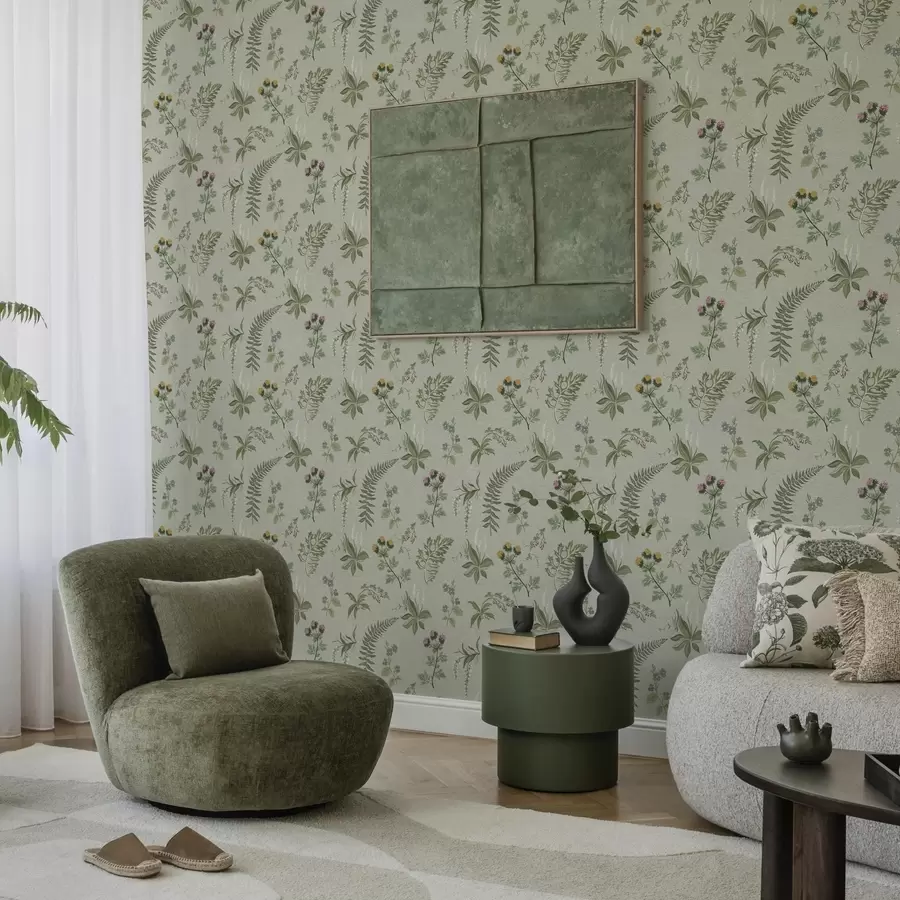 murais de parede Ervas botânicas e samambaias em verde-acinzentado claro a00498