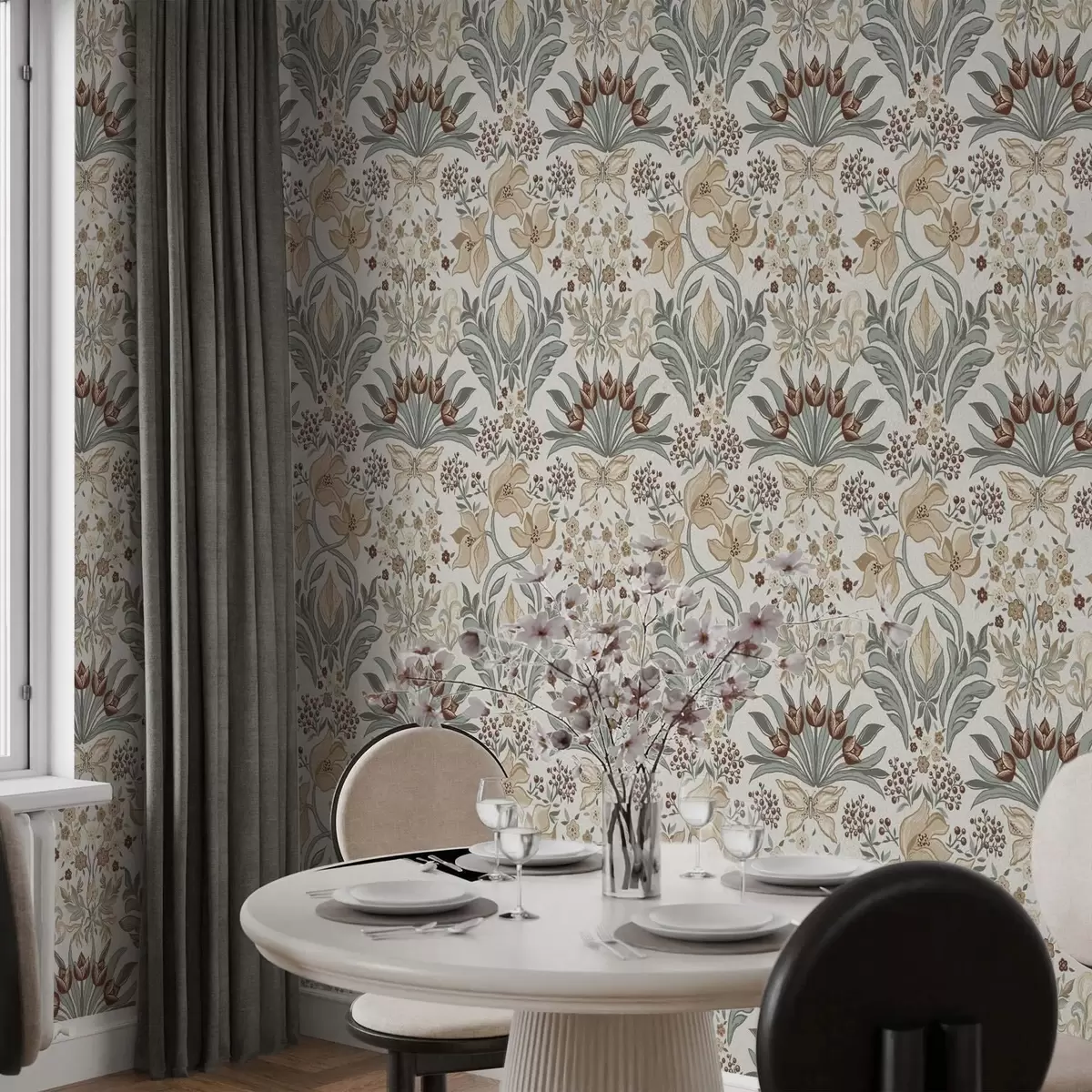 Papel de parede Lírios decorativos e uma borboleta sobre um fundo creme a00500