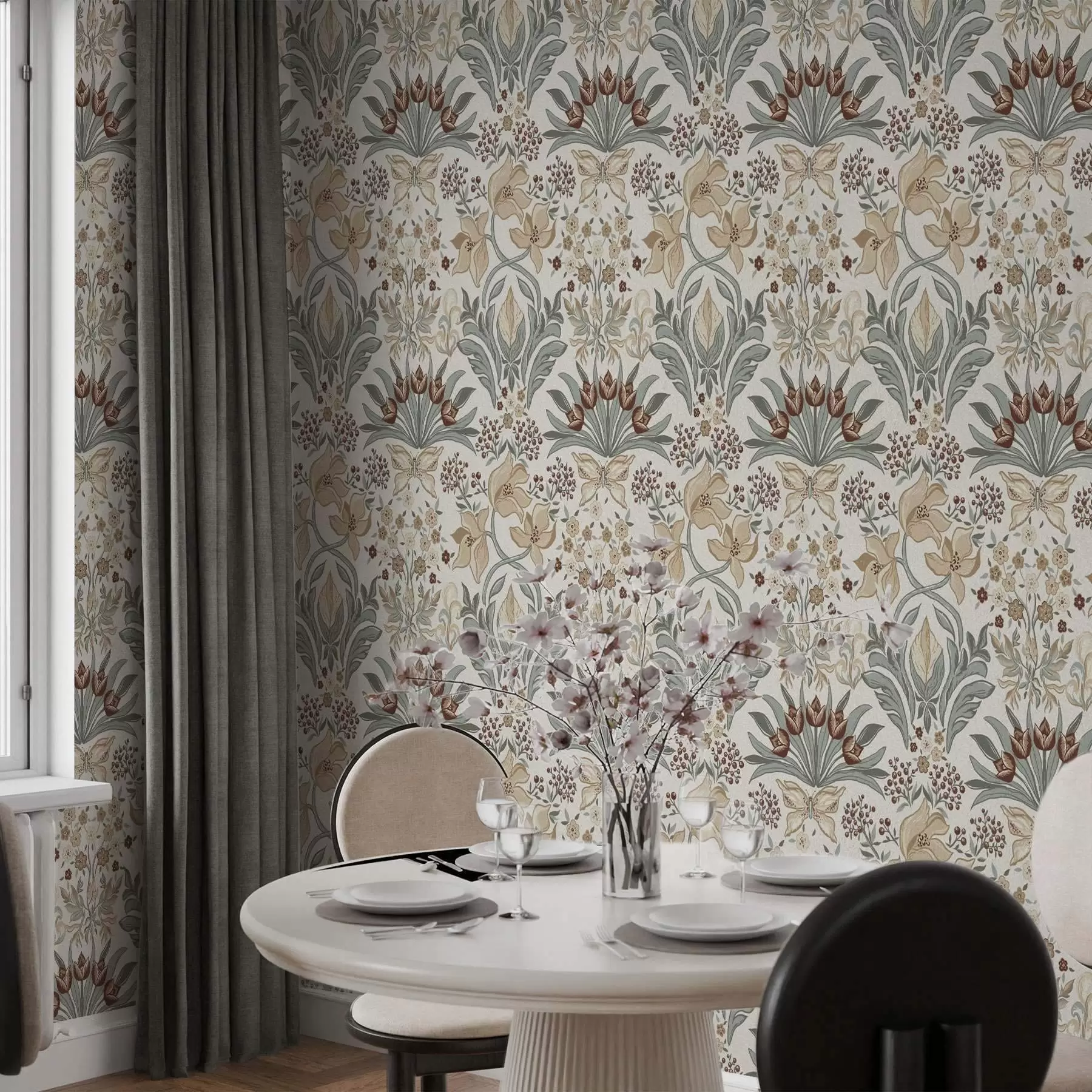 murais de parede Lírios decorativos e uma borboleta sobre um fundo creme a00500