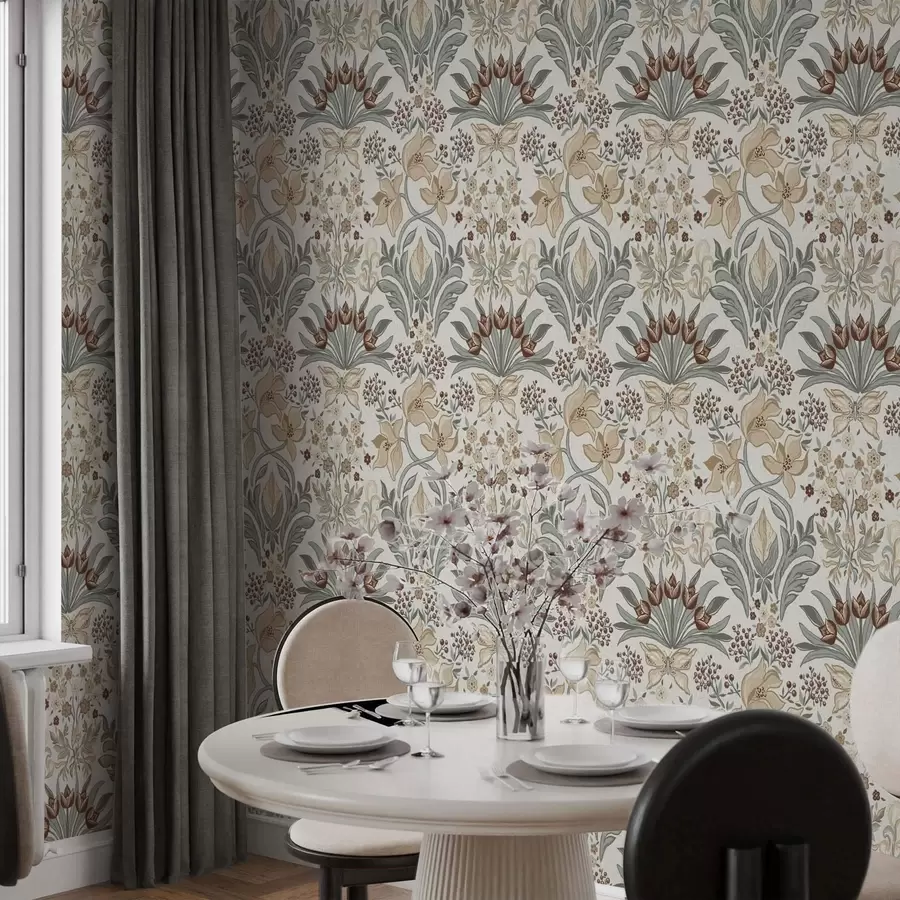 murais de parede Lírios decorativos e uma borboleta sobre um fundo creme a00500