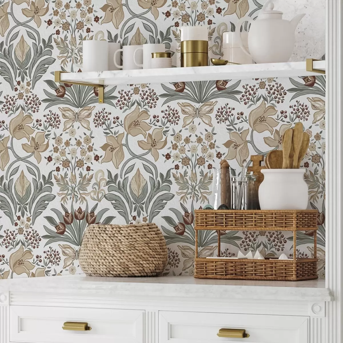 Papel de parede Lírios decorativos e uma borboleta sobre fundo branco a00500v1