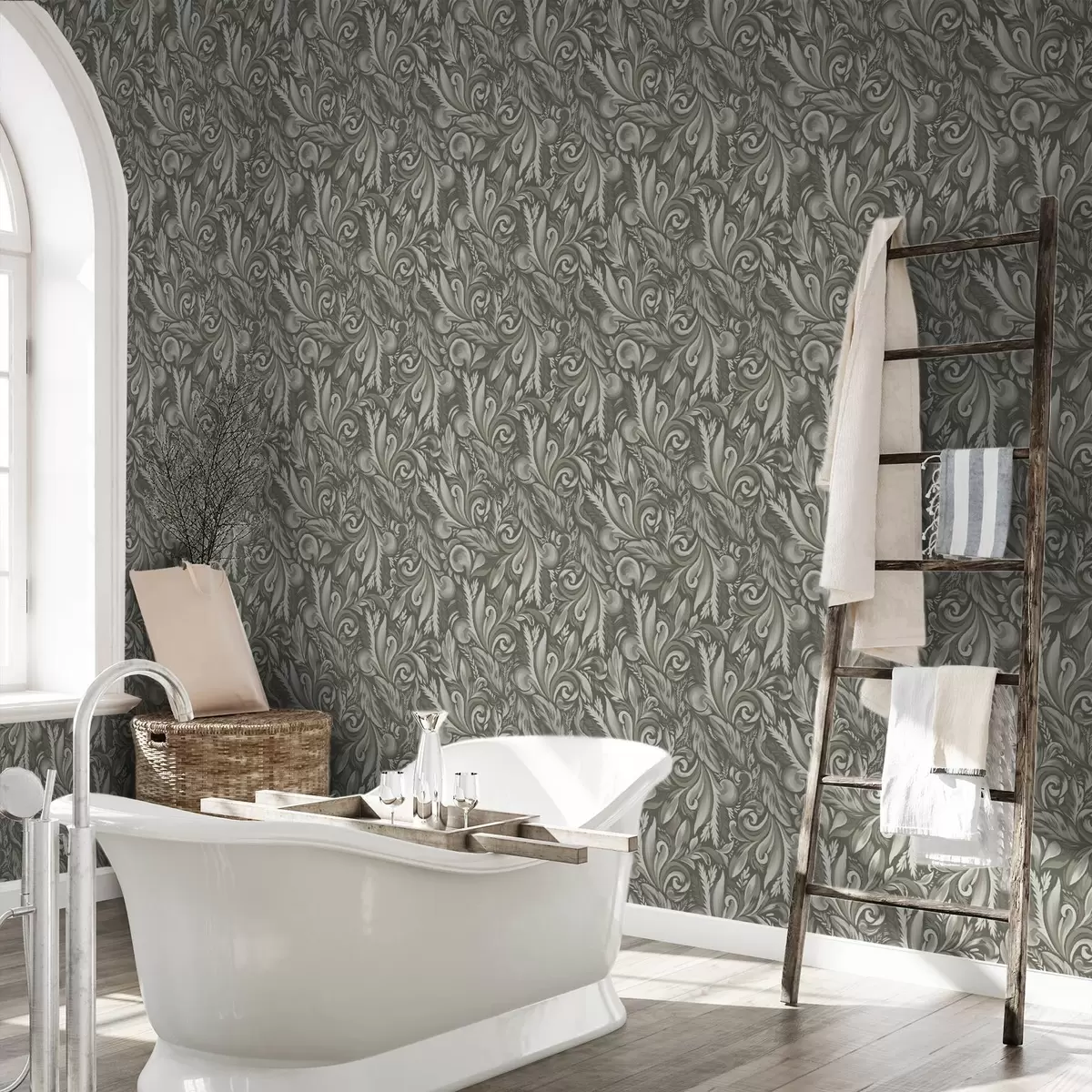 Papel de parede Volutas de acanto em tons de bege-oliva a00501