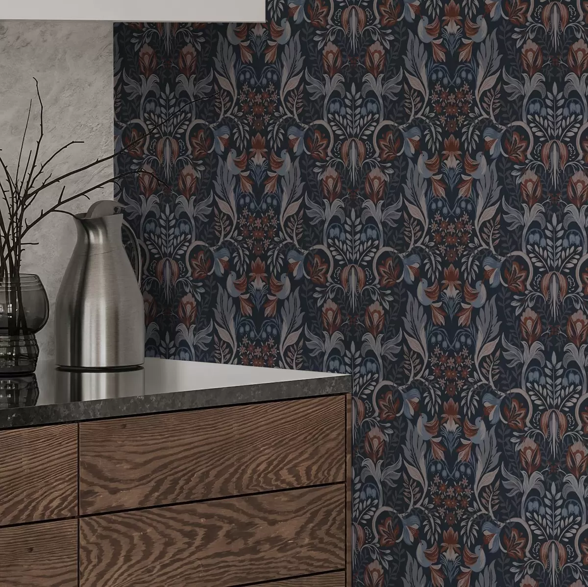 Papel de parede Ornamento folclórico com pássaros, índigo profundo a00502v1