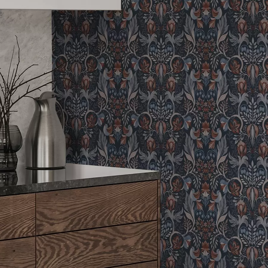 murais de parede Ornamento folclórico com pássaros, índigo profundo a00502v1