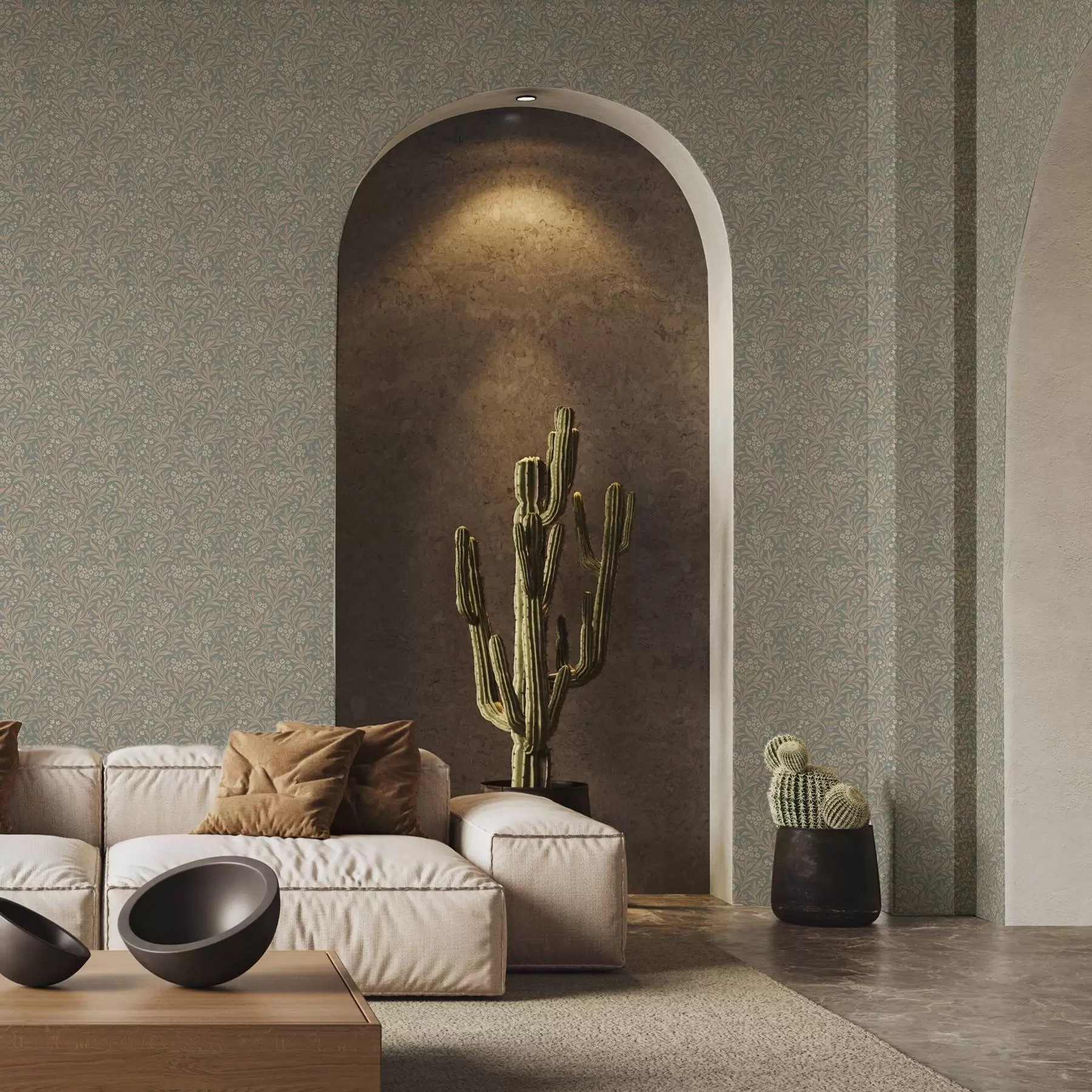 murais de parede Estilo Morris: galhos bege sobre fundo cinza-esverdeado a00569