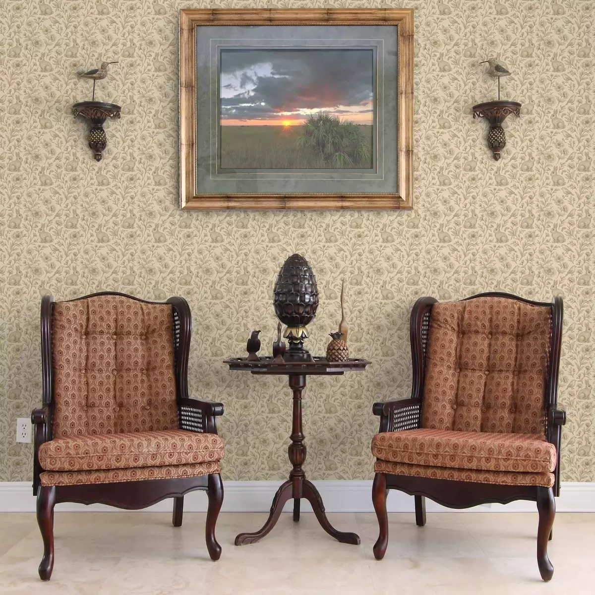 Papel de parede Coelhos e pássaros em um padrão floral a00571