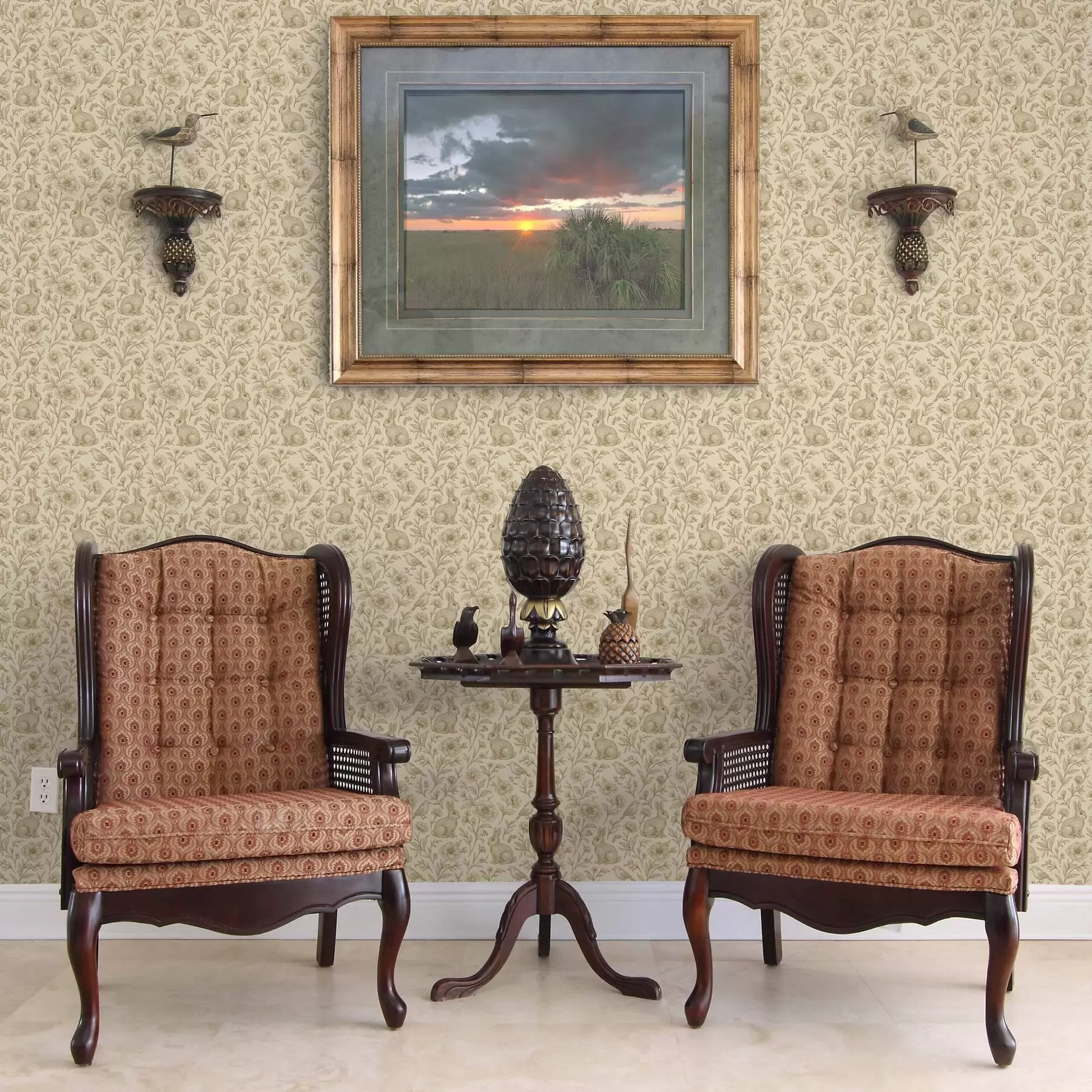 murais de parede Coelhos e pássaros em um padrão floral a00571