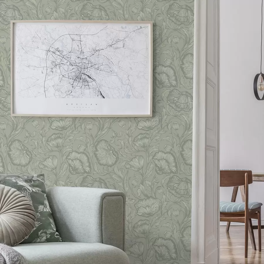 murais de parede Papoilas em linha contínua sobre fundo cinza-esverdeado a00572v1