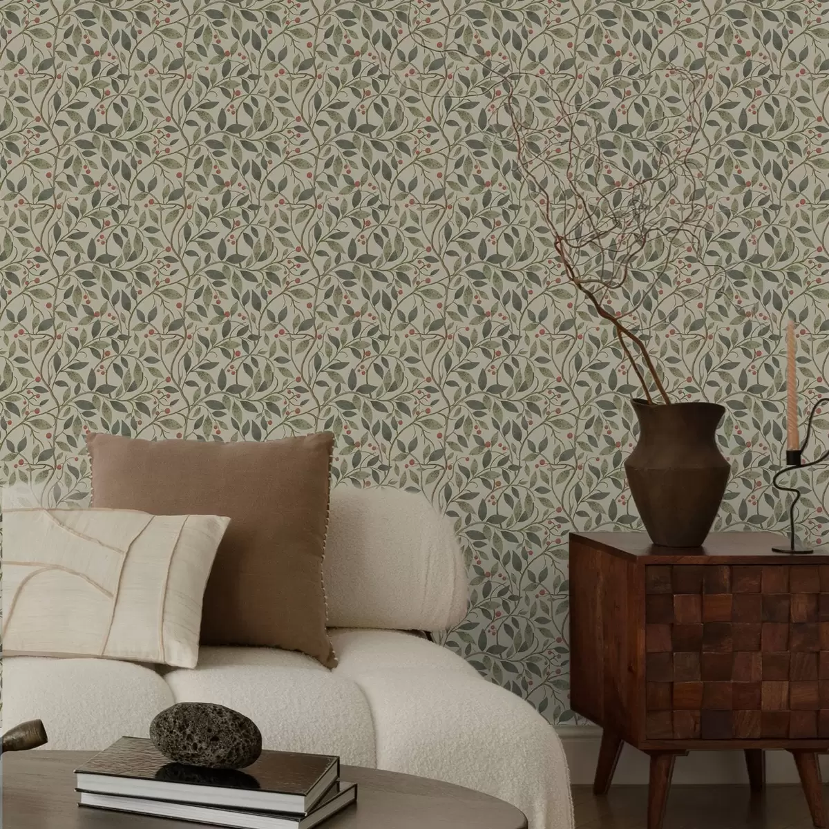 Papel de parede Ramos de oliveira com bagas sobre um fundo claro e quente a00573