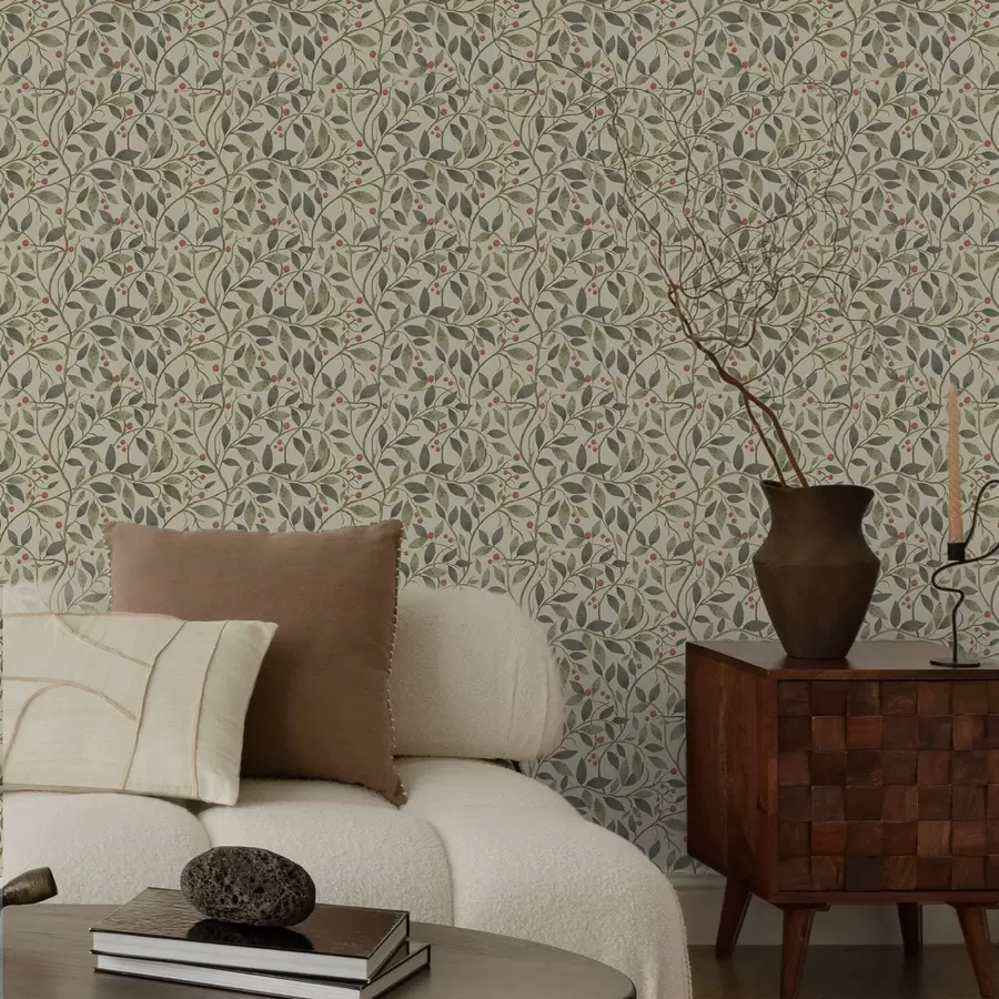 murais de parede Ramos de oliveira com bagas sobre um fundo claro e quente a00573