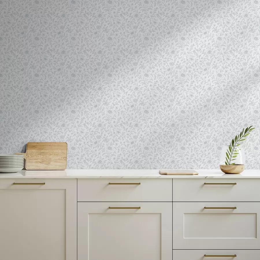 murais de parede Flores finas em linha azul sobre fundo branco sujo a00576