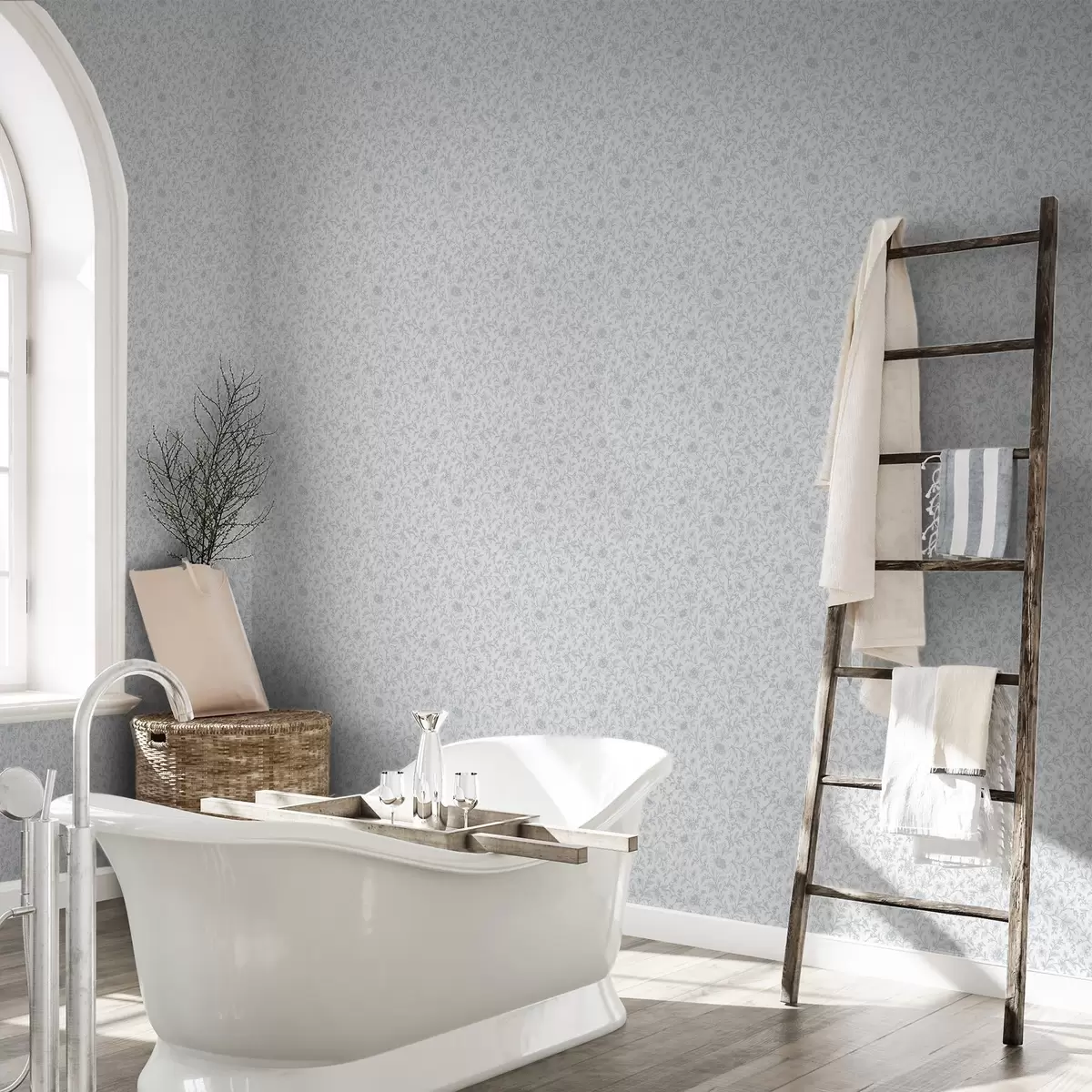 Papel de parede Flores finas em linha azul sobre fundo branco sujo a00576