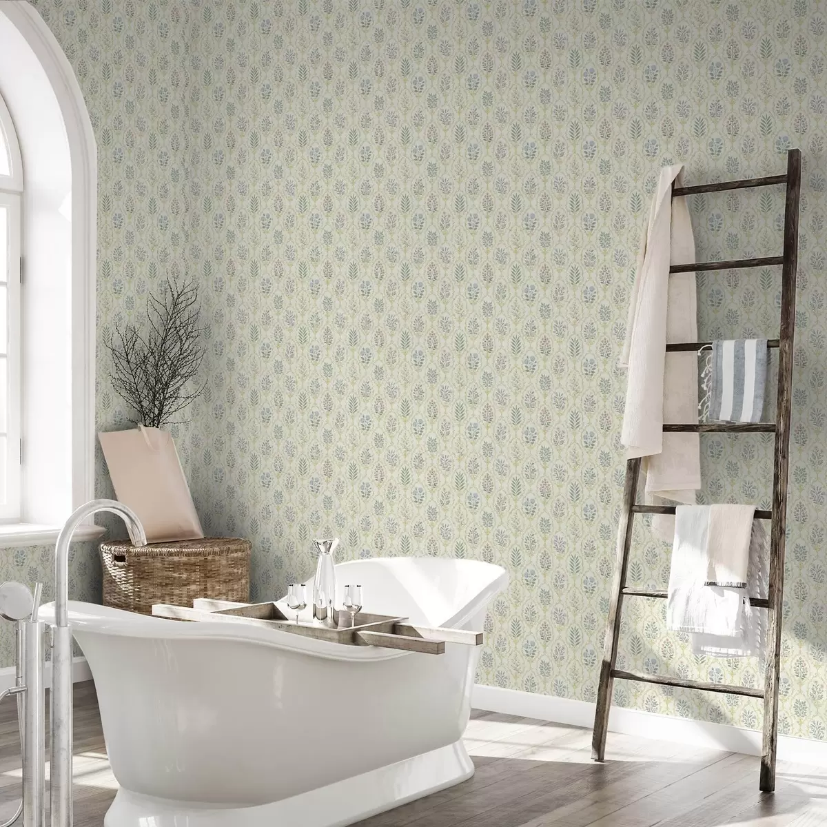 Papel de parede Medalhões botânicos em treliça, tons pastel a00579