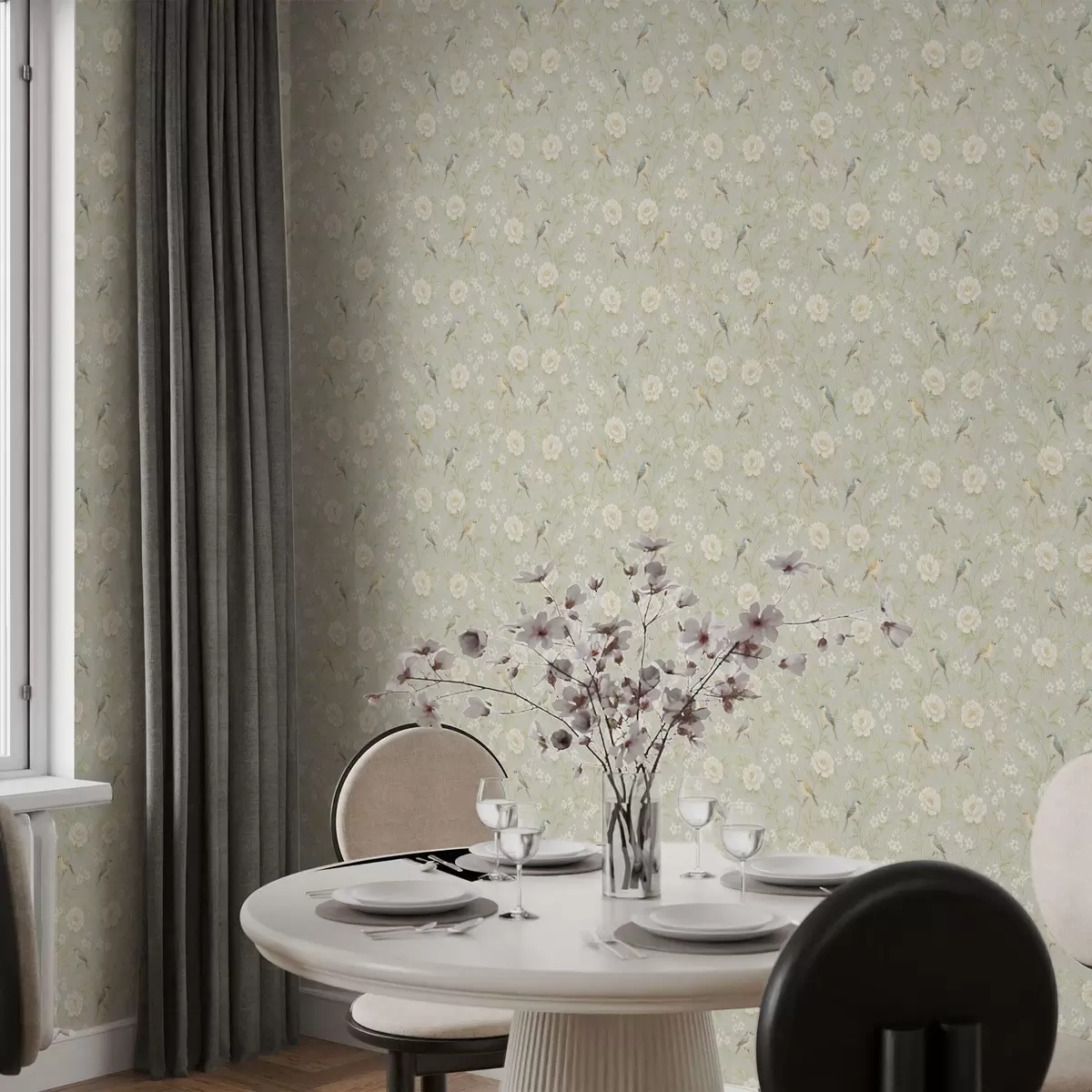 Papel de parede Pássaros entre flores brancas em um fundo cinza-esverdeado a00583