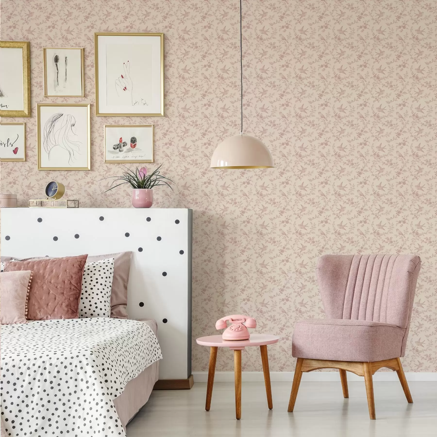 murais de parede Pássaros e rosas, padrão vintage em rosa pálido a00587