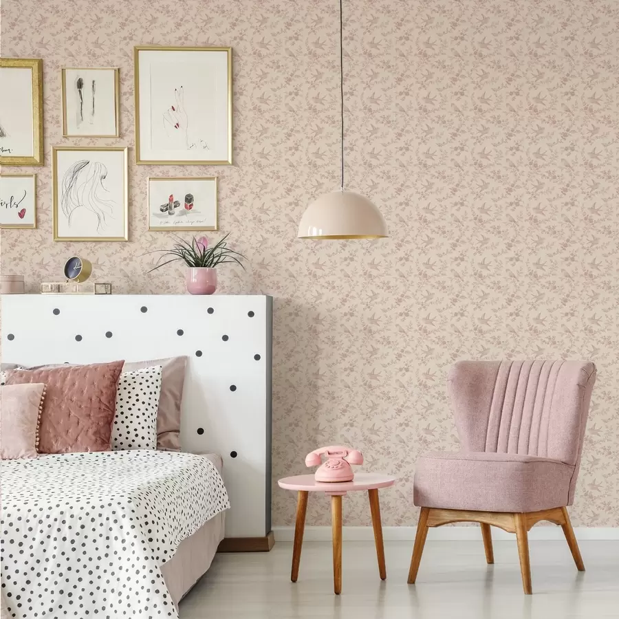 murais de parede Pássaros e rosas, padrão vintage em rosa pálido a00587