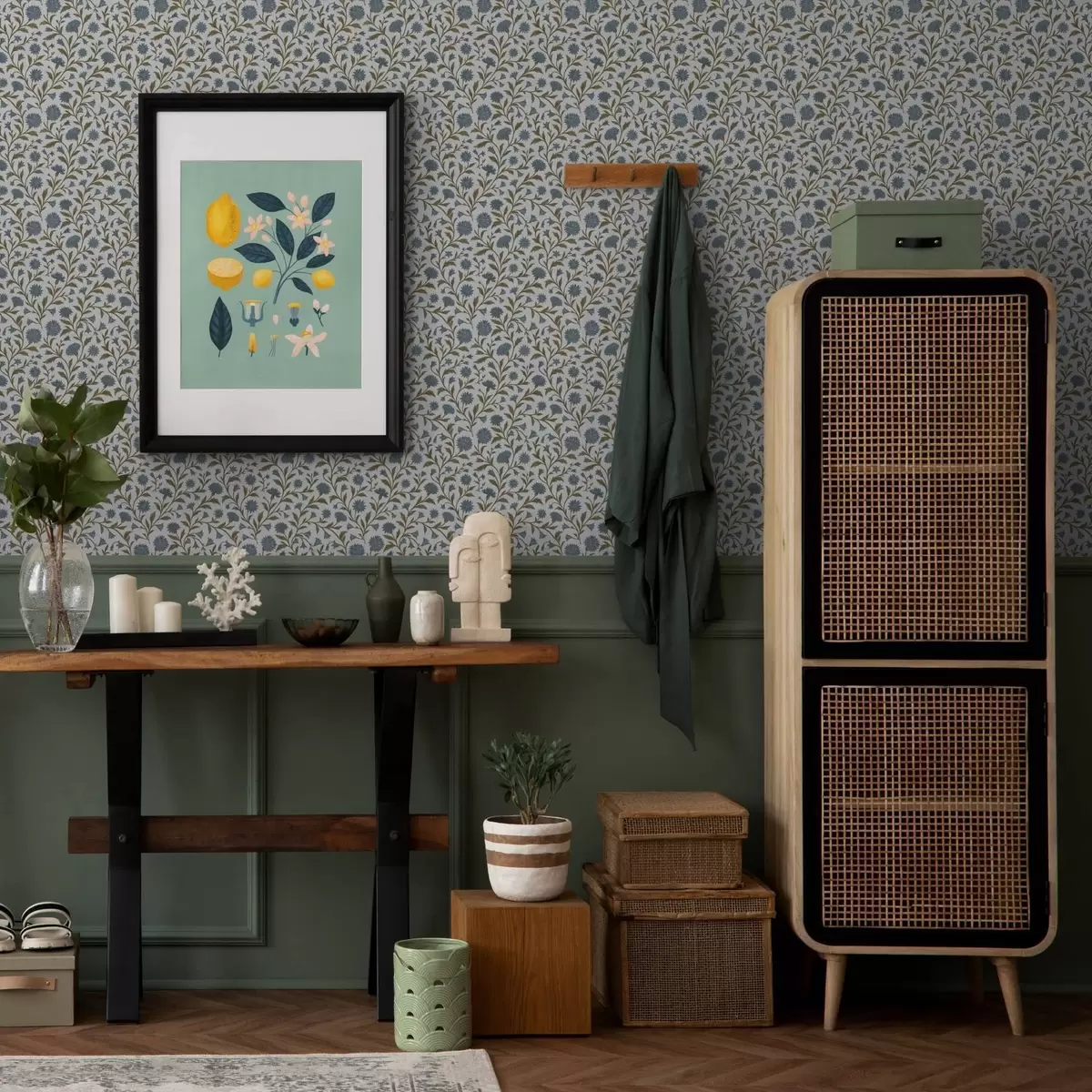 Papel de parede Centáureas e brotos sobre fundo branco a00588v1