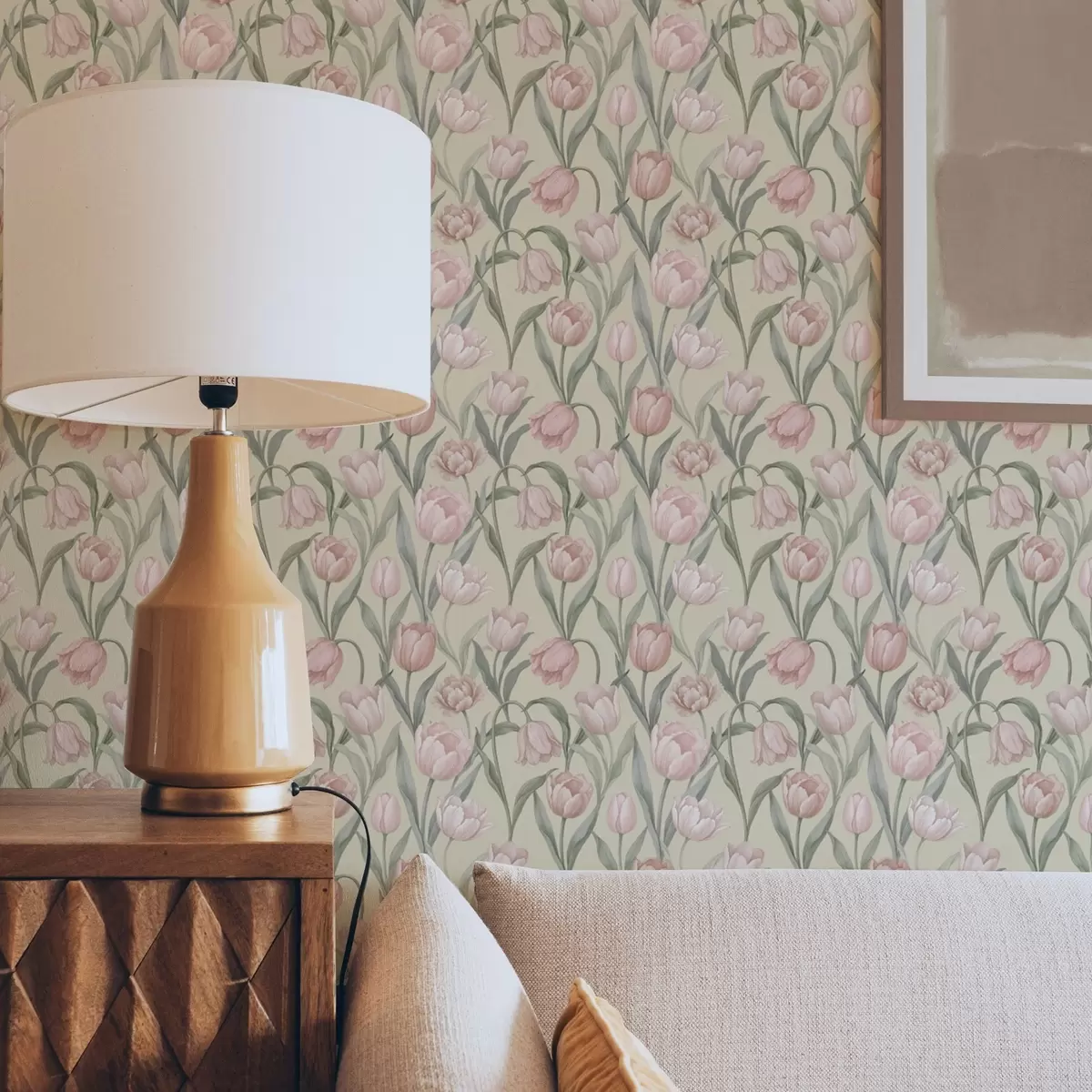 Papel de parede Tulipas rosa suave sobre um fundo bege delicado a00589