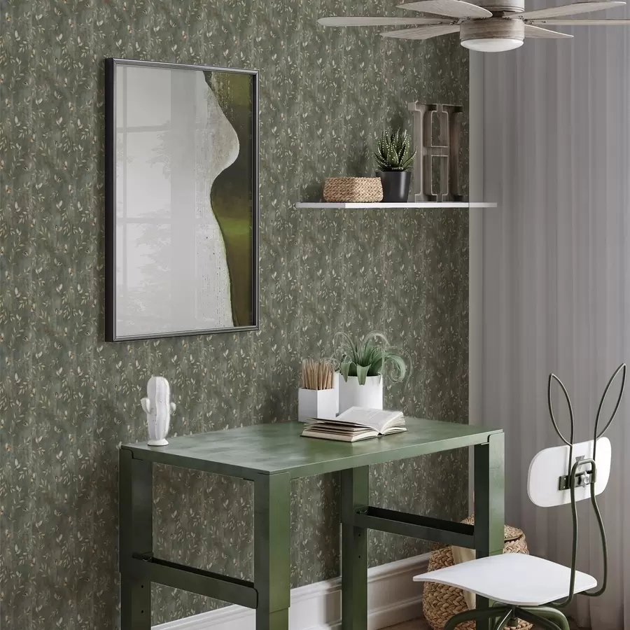 murais de parede Pássaros em folhagem alaranjada sobre um fundo verde intenso a00591