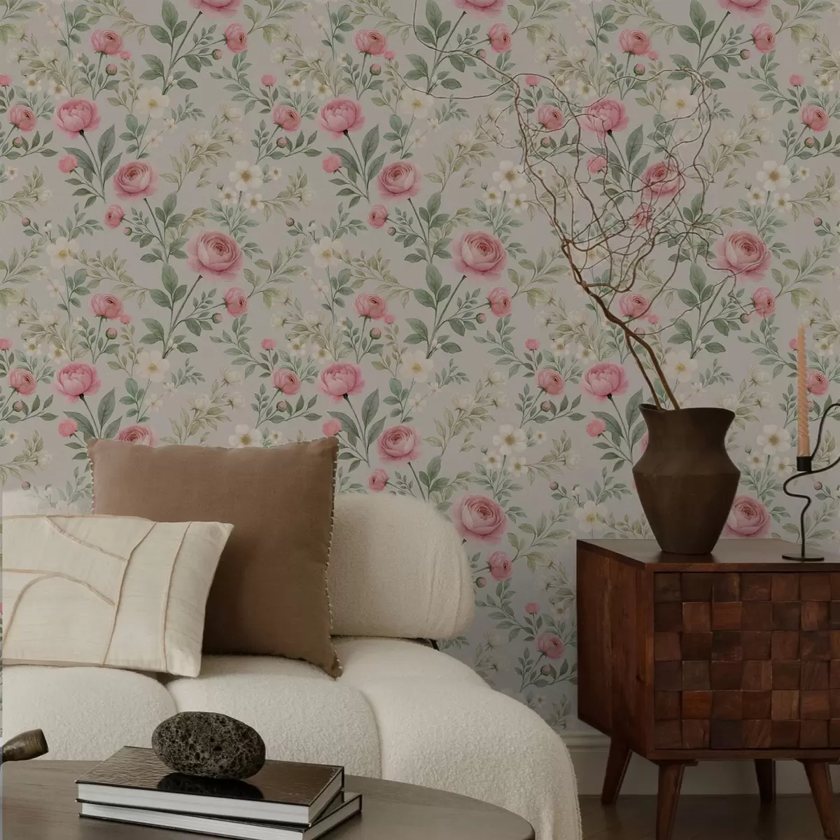 Papel de parede Peônias em aquarela e flores brancas sobre fundo cinza-bege a00592