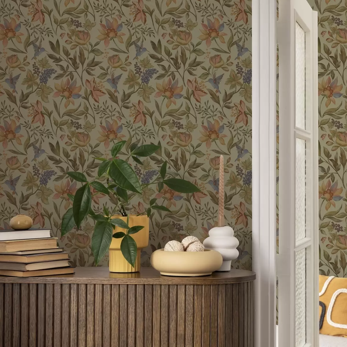 Papel de parede Flores e pássaros vintage com uvas sobre fundo verde-oliva a00594