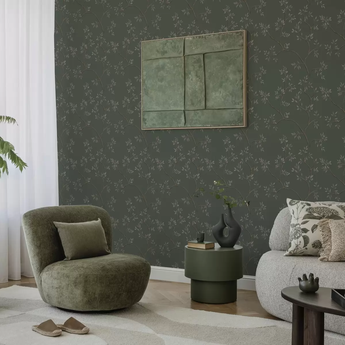 Papel de parede Galhos delicados com folhas sobre um fundo verde escuro a00597