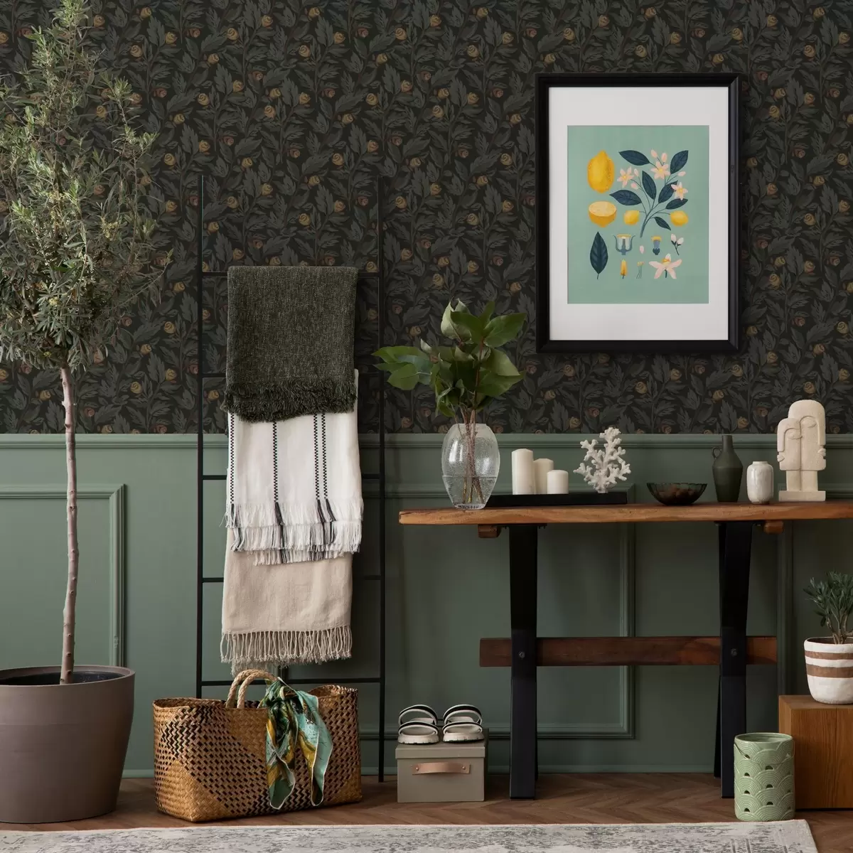 Papel de parede Padrão floral escuro com botões e folhas amarelas a00598