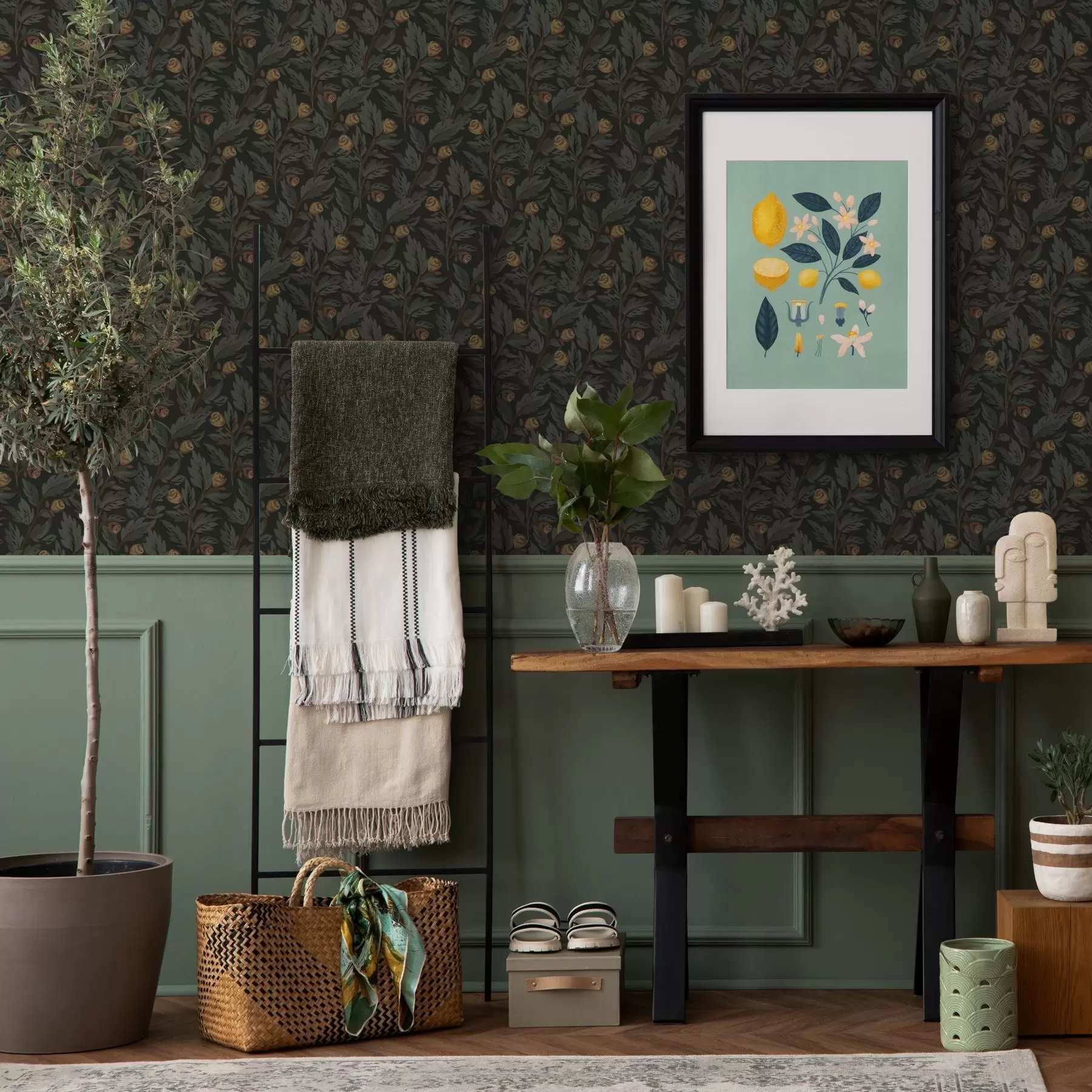 murais de parede Padrão floral escuro com botões e folhas amarelas a00598