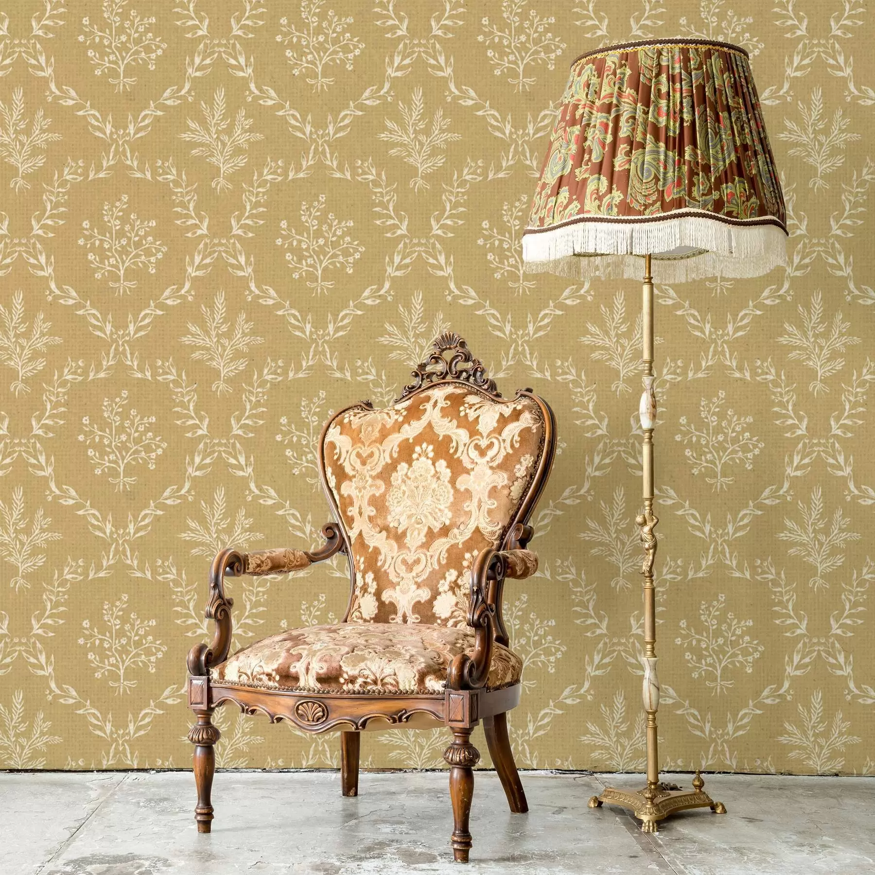 murais de parede Grinaldas brancas de ervas e flores sobre um fundo mostarda a00599