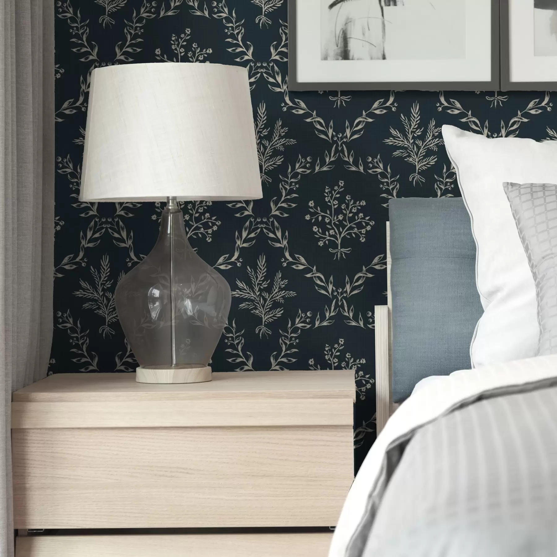 murais de parede Guirlandas brancas de ervas e flores sobre fundo azul-petróleo escuro a00599v2