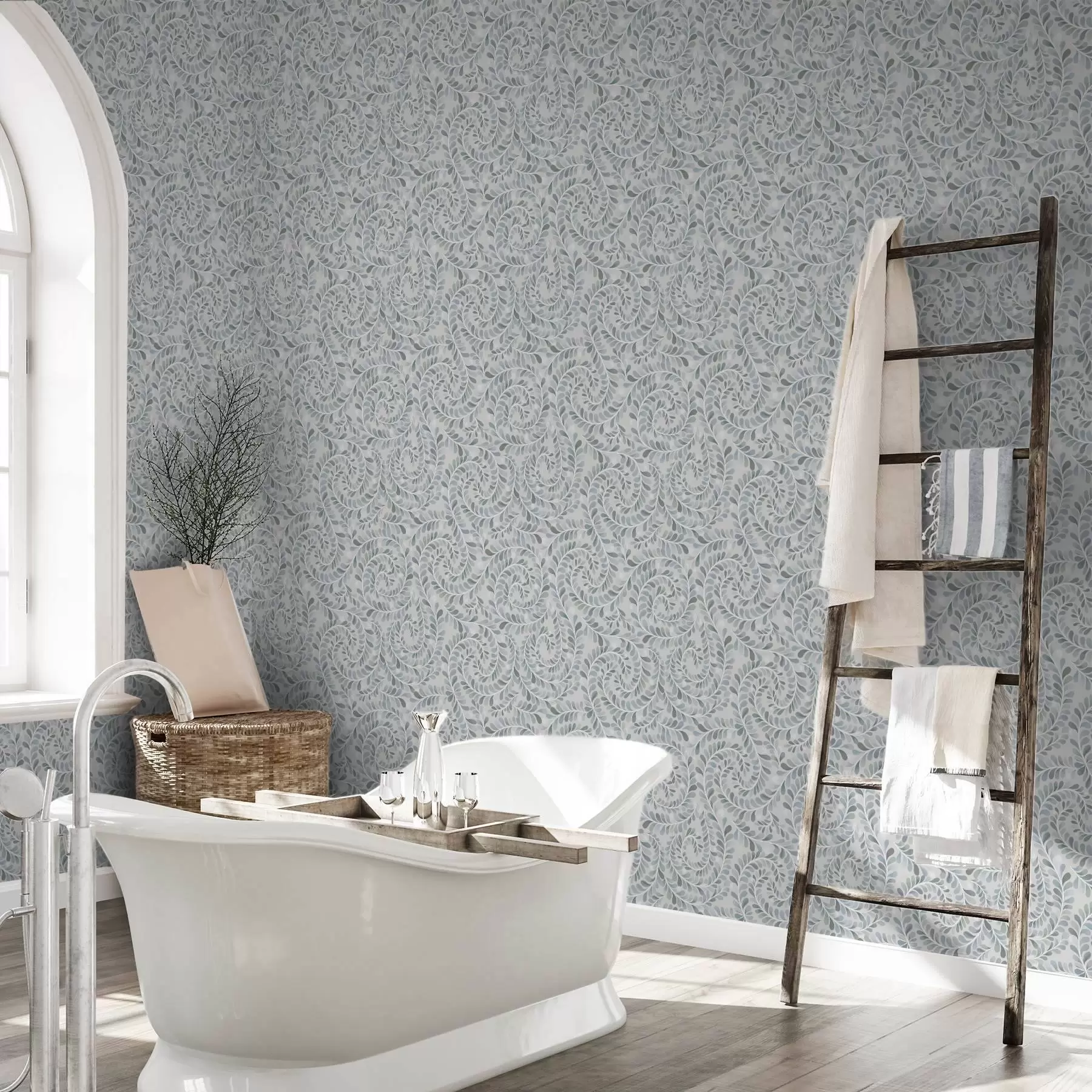 murais de parede Folhas em espiral em uma paleta de tons azul-cinza-verde a00602