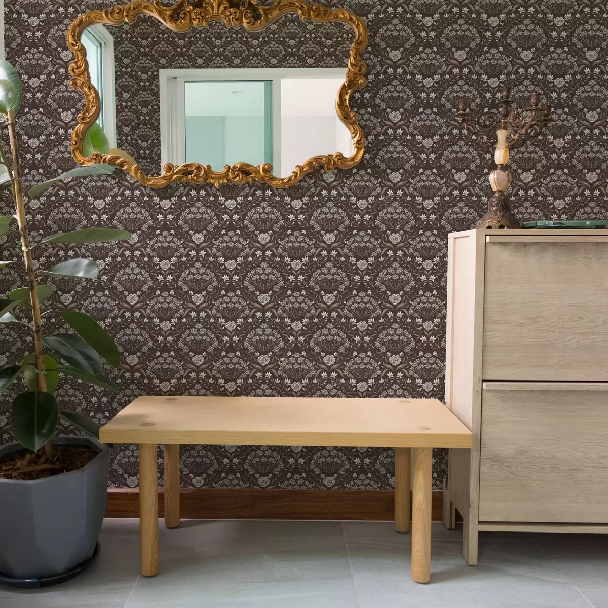 Papel de parede Damasco de chocolate amargo com peônias e snowdrops a00603v2