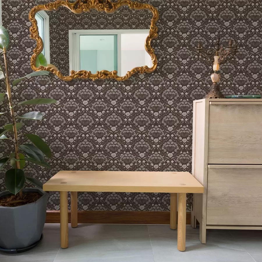 murais de parede Damasco de chocolate amargo com peônias e snowdrops a00603v2