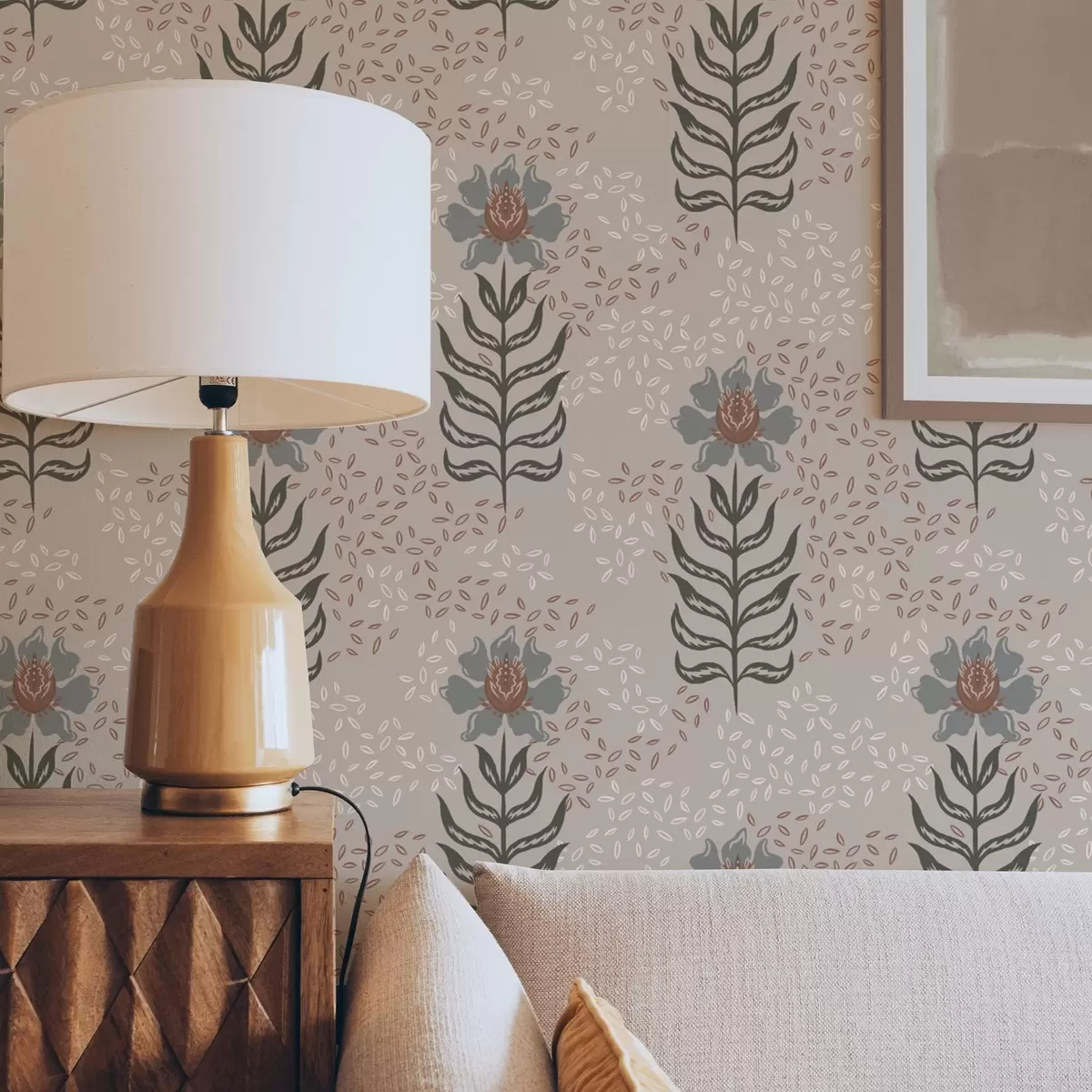 Papel de parede Flores e sementes estilizadas em bege quente a00604