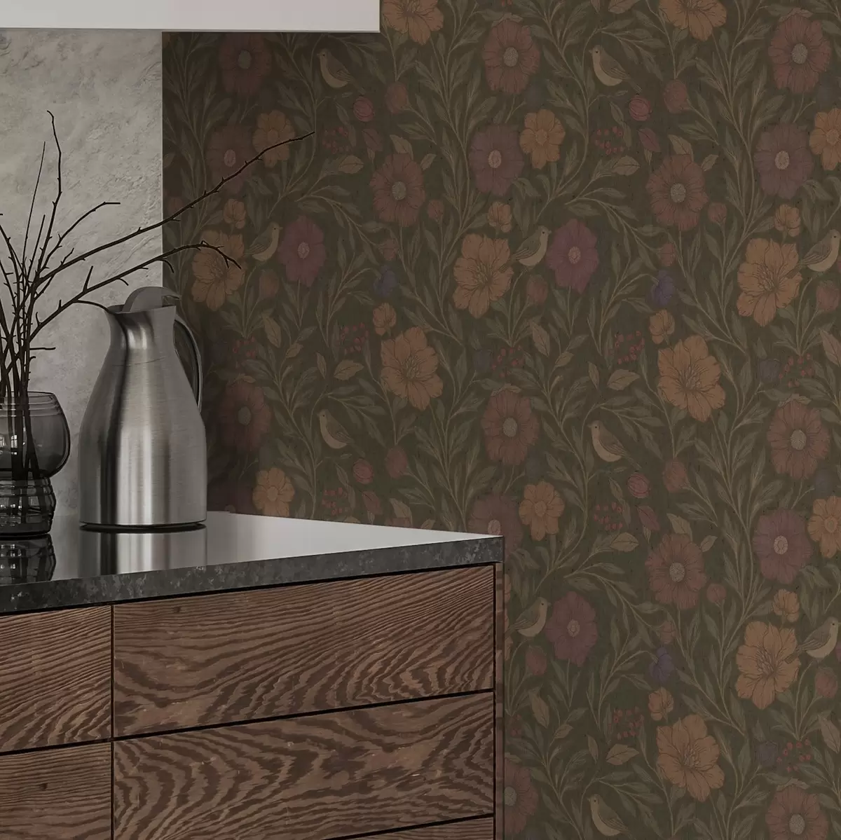 Papel de parede Flores e pássaros de outono sobre fundo marrom-oliva a00605