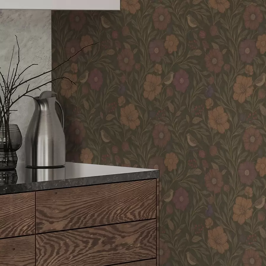 murais de parede Flores e pássaros de outono sobre fundo marrom-oliva a00605