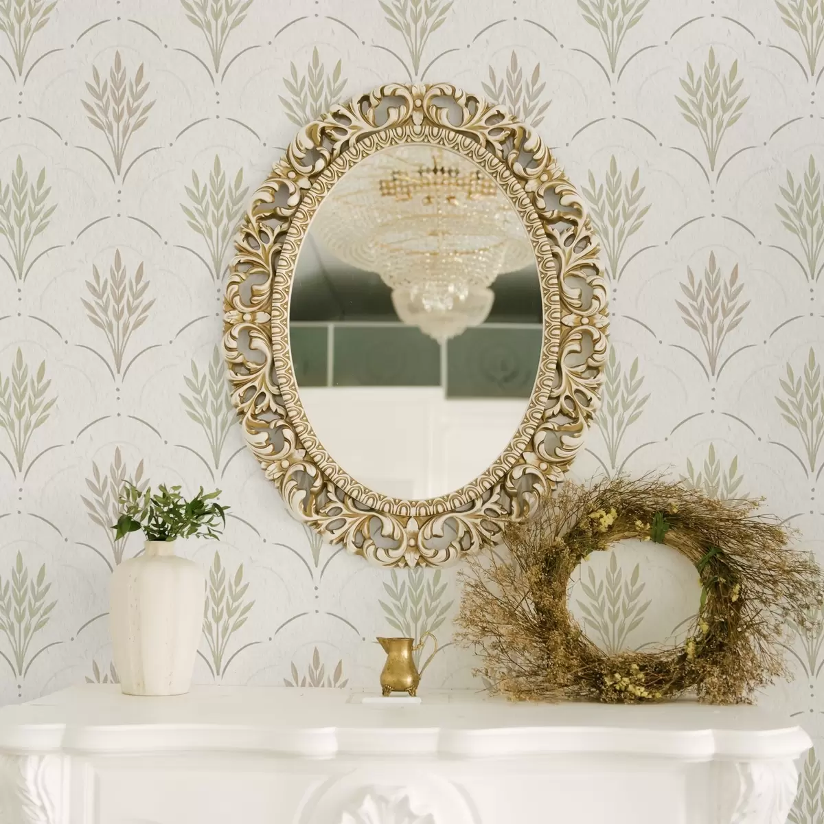 Papel de parede Trigo em um ornamento arqueado, tons pastéis suaves sobre fundo branco a00607v1