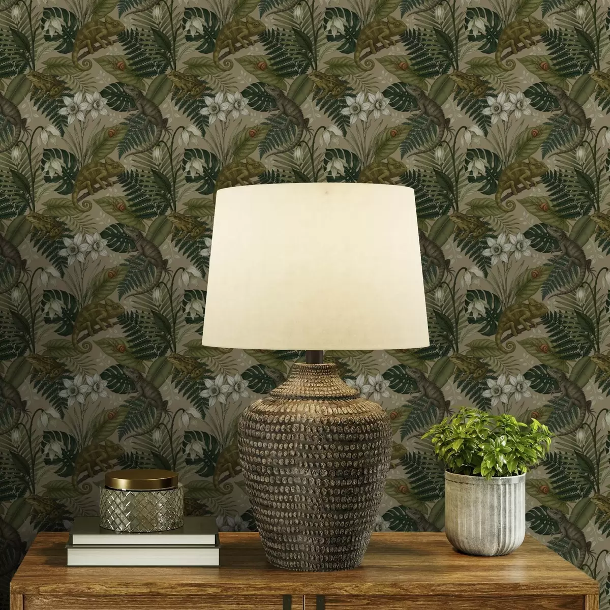 Papel de parede Camaleões e folhas tropicais, flores brancas, fundo bege a00608