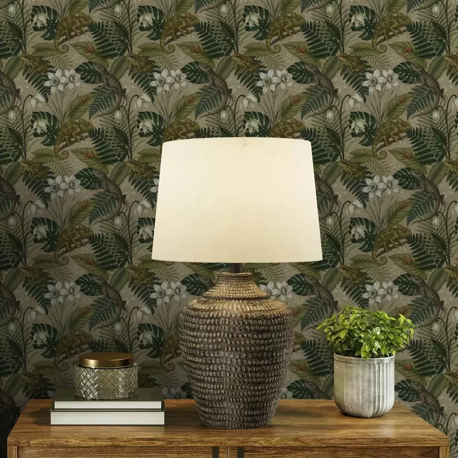 murais de parede Camaleões e folhas tropicais, flores brancas, fundo bege a00608