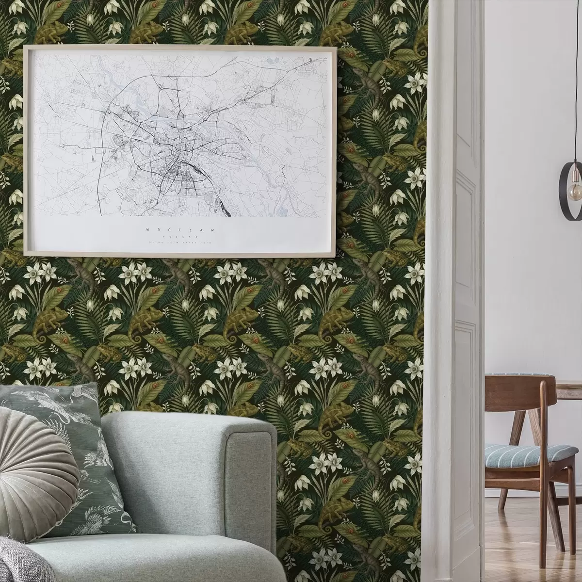 Papel de parede Camaleões e folhas tropicais, flores brancas, fundo escuro a00608v1