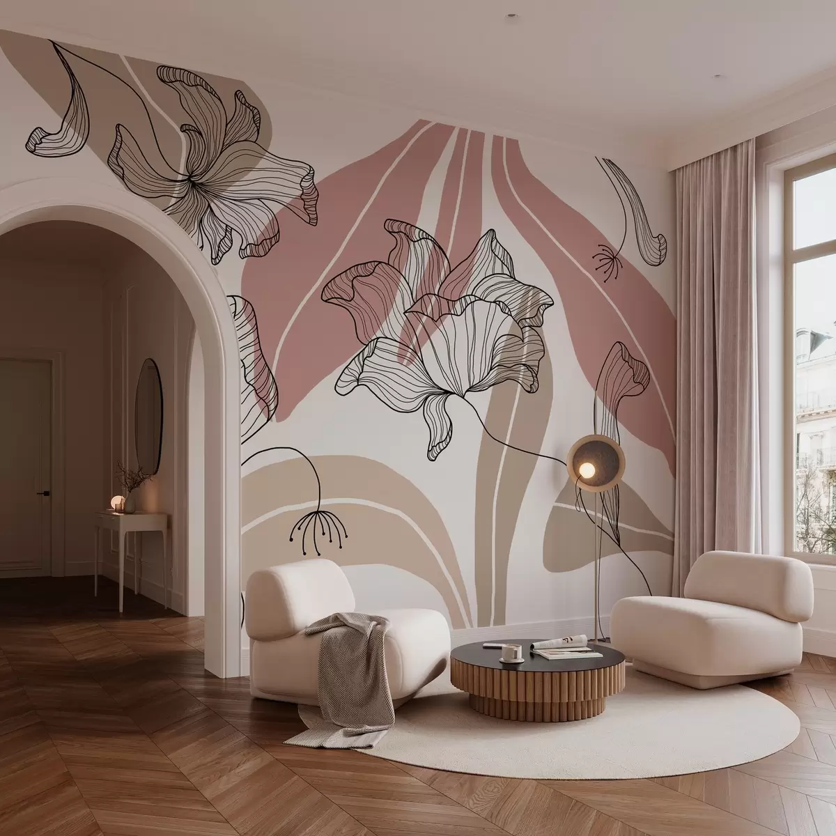 murais de parede folhas e flores abstratas em tons de bege e pó w04499