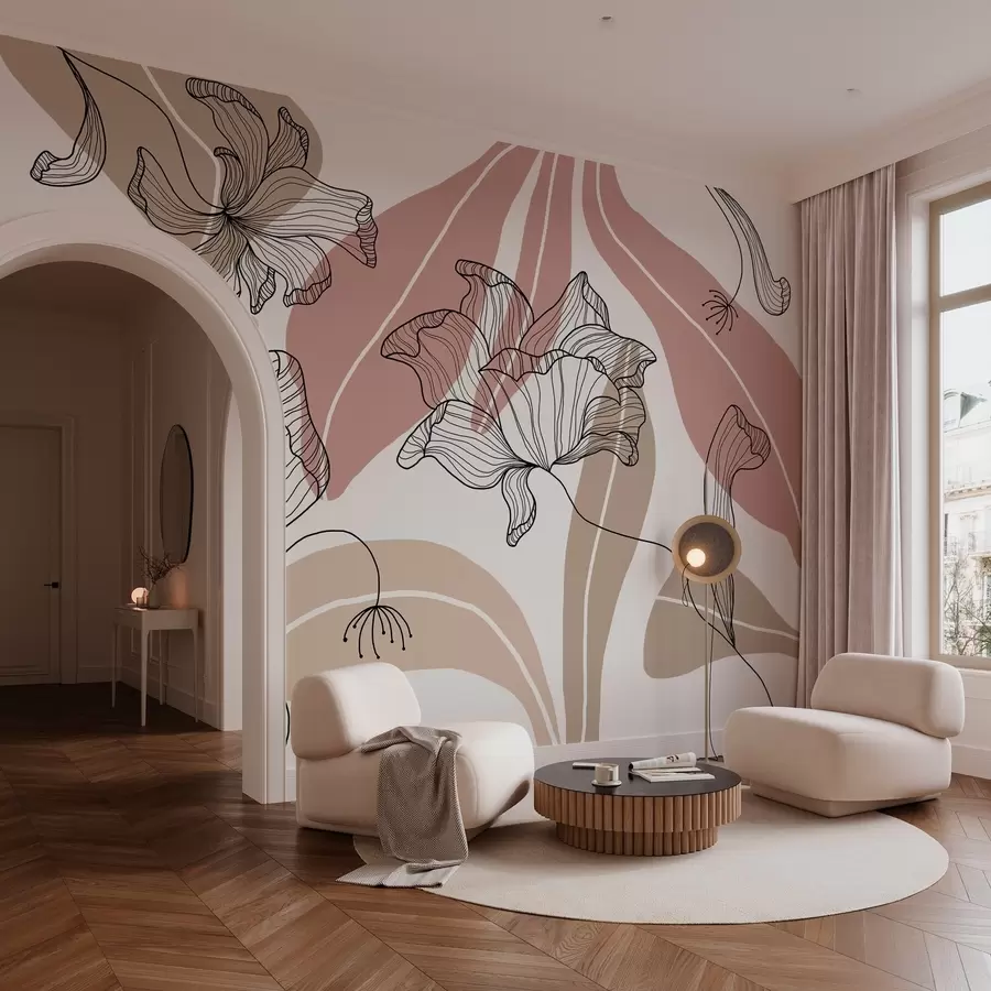 murais de parede folhas e flores abstratas em tons de bege e pó w04499