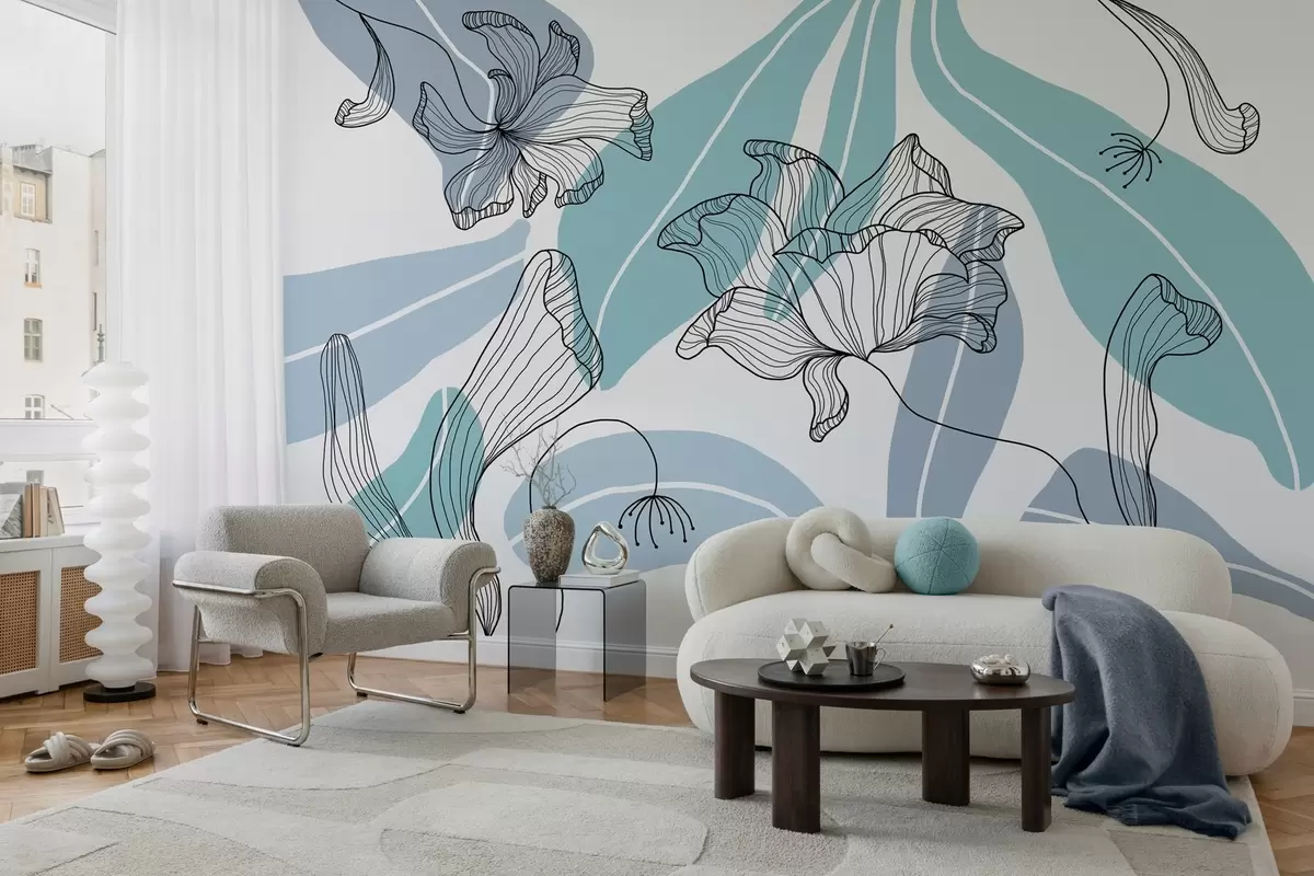 murais de parede folhas e flores abstratas em tons de azul w04499v2