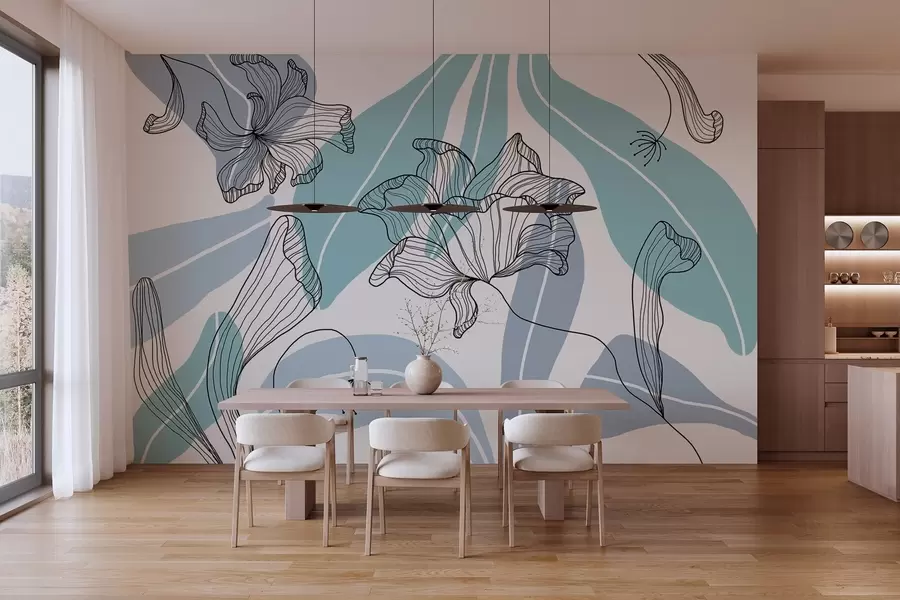 murais de parede folhas e flores abstratas em tons de azul w04499v2
