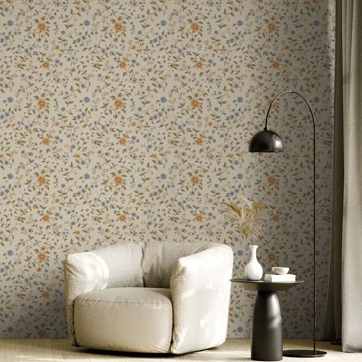 Papel de parede Galhos florais com flores azuis e pêssego a00575