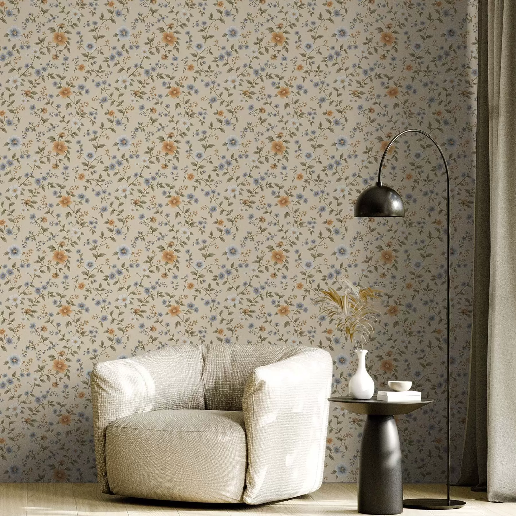 murais de parede Galhos florais com flores azuis e pêssego a00575