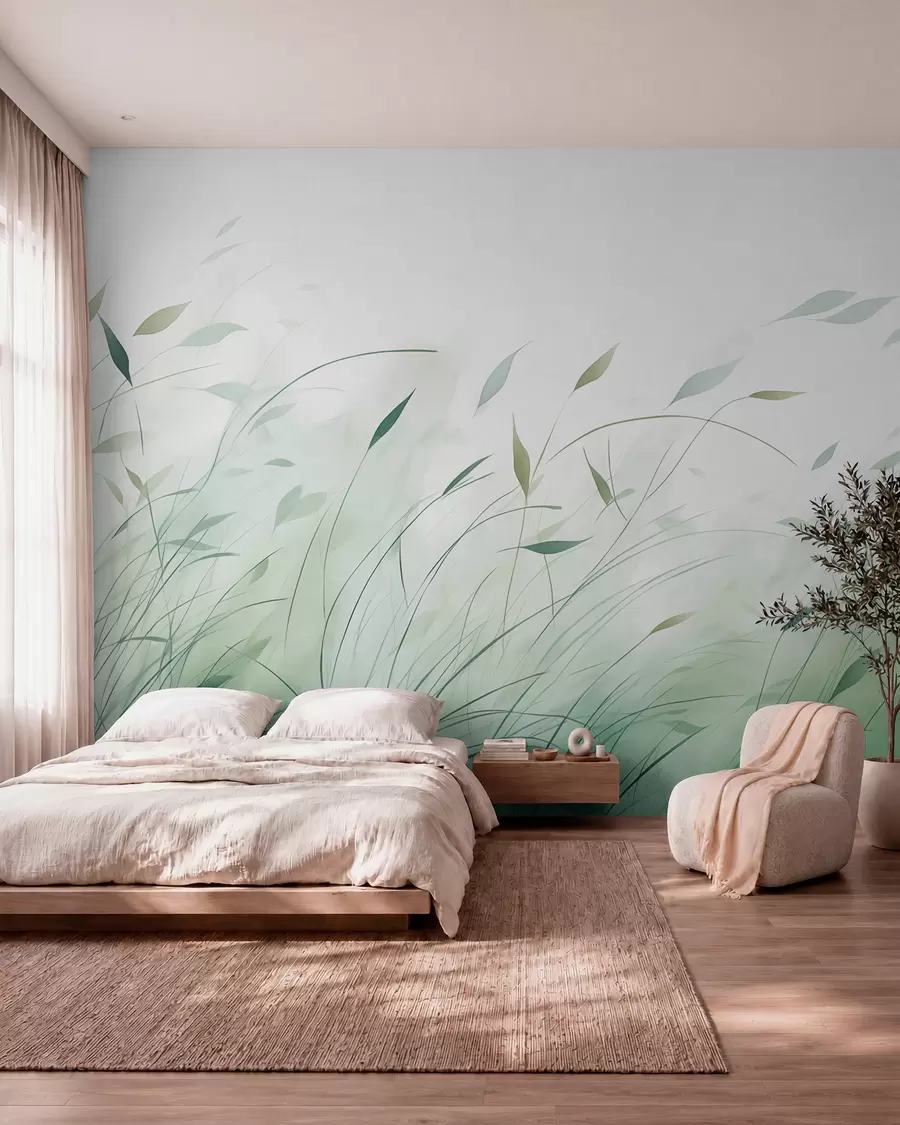 murais de parede Grama verde ao vento em estilo aquarela w09331