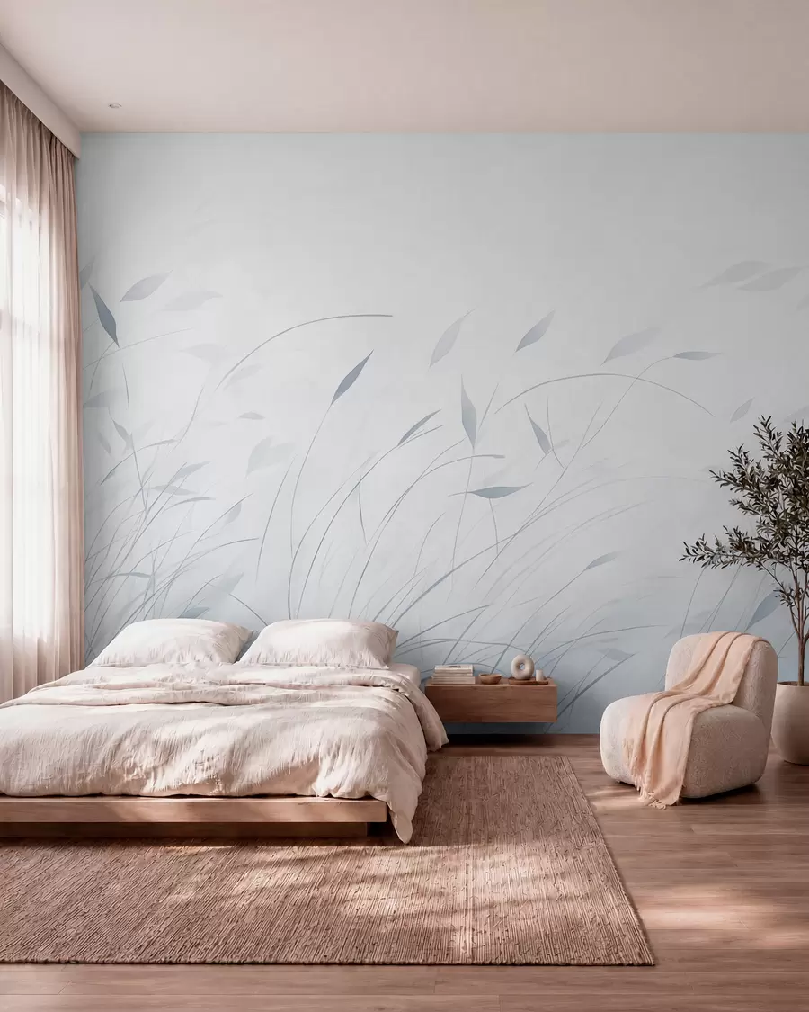 murais de parede Grama ao vento em estilo aquarela em tons de azul w09331v2